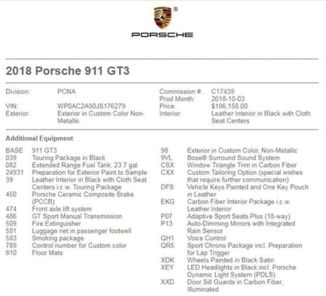 2018 Porsche 911 GT3 Touring in Exterior in Custom Color Non-Metallic — photo 3
