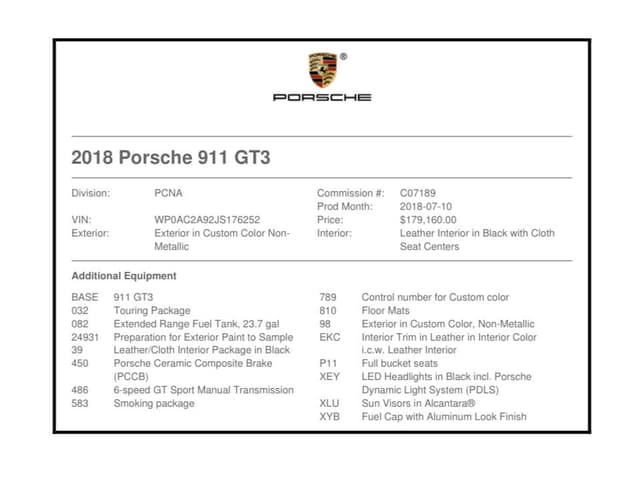 2018 Porsche 911 GT3 Touring in Exterior in Custom Color Non-Metallic — photo 4