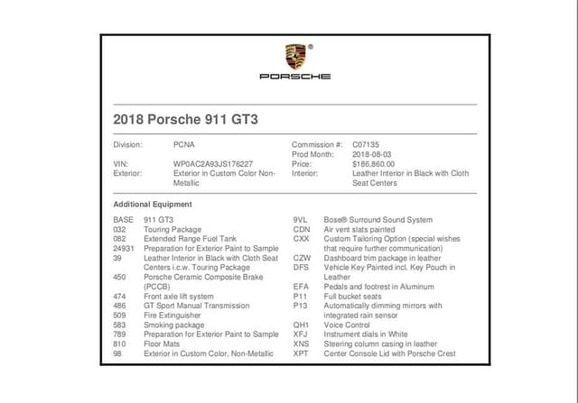 2018 Porsche 911 GT3 Touring in Exterior in Custom Color Non-Metallic — photo 5