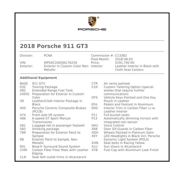 2018 Porsche 911 GT3 Touring in Exterior in Custom Color Non-Metallic — photo 2