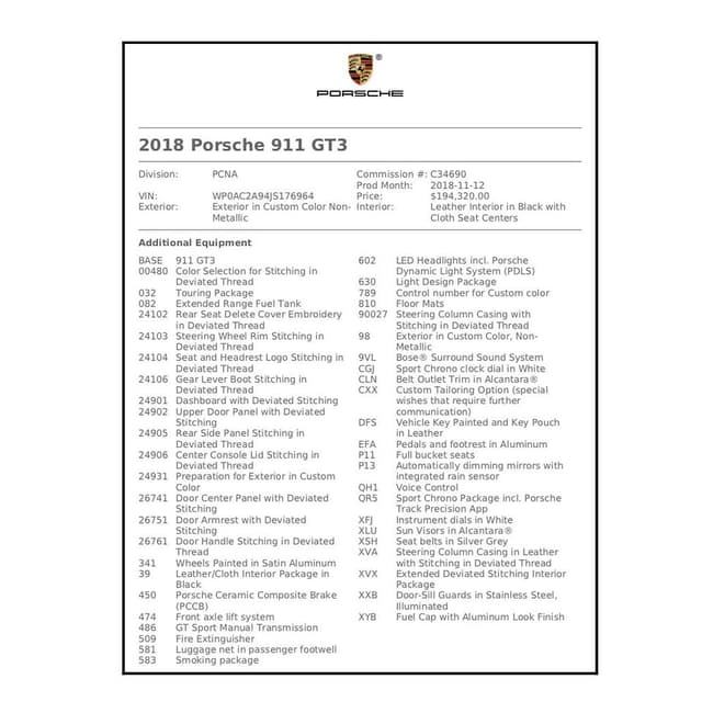2018 Porsche 911 GT3 Touring in Exterior in Custom Color Non-Metallic — photo 6