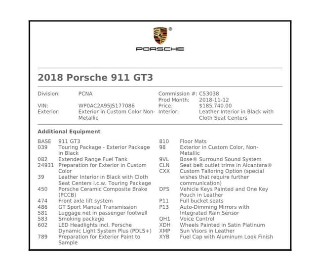 2018 Porsche 911 GT3 Touring in Exterior in Custom Color Non-Metallic — photo 8