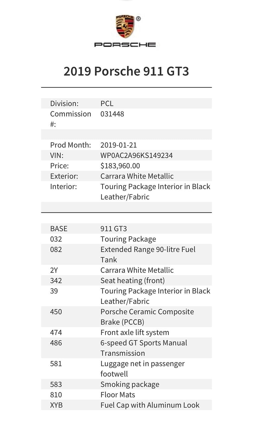 2019 Porsche 911 GT3 Touring in Carrara White Metallic