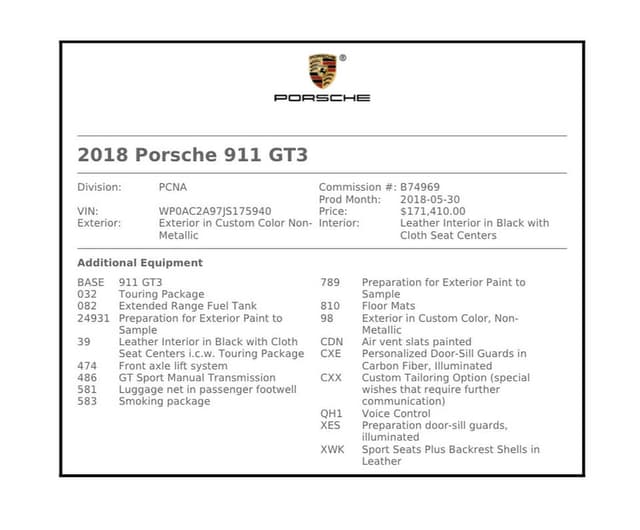 2018 Porsche 911 GT3 Touring in Exterior in Custom Color Non-Metallic — photo 2
