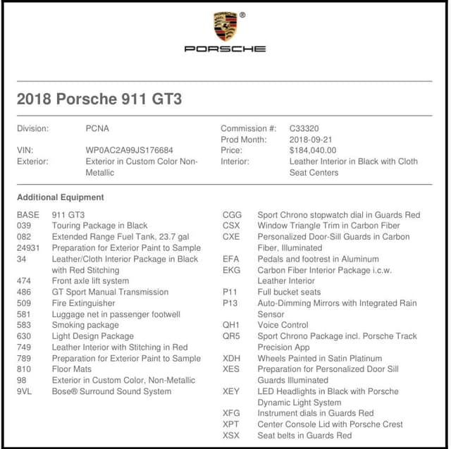 2018 Porsche 911 GT3 Touring in Exterior in Custom Color Non-Metallic — photo 8